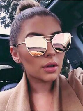 Pink Cat Eye Sunglasses Rose Gold Mirror Flat Lens, Fashion Shades for Women